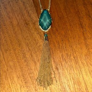 🟨Gold Tone and Teal Pendant Necklace with Tassel. 32” chain + pendant.